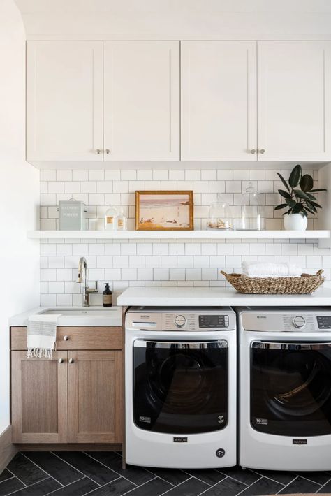 Laundry Room Ideas and Top Recommended Washer and Dryer - Nesting With Grace Elegant Laundry Room, Garage Laundry Rooms, Laundry Room Ideas Small Space, Garage Laundry, Laundry Room Sink, Dream Laundry Room, Mudroom Laundry Room, Laundry Room Shelves, Laundry Room Layouts