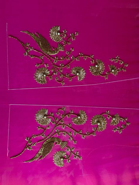 Antique gold Persian Embroidery done by professionals, Designer Adil Hussain, Dehradun. This work embellished by Pitta work, Dabka,Nakshi & Zari. #handembroidery #handcrafted #rajembroiders #DesignerAdilHussain #embroidery Peeta Work Embroidery, Pitta Work Embroidery Blouse, Pita Work Embroidery, Zari Work Embroidery Design Suits, Blouse Hand Embroidery Designs, Pitta Work Embroidery, Blouse Hand Work Designs, Zari Work Embroidery Design, Dabka Work Embroidery