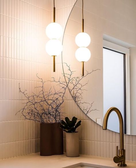 Nightworks® on Instagram: "⁠Finer details of the Northcote Project create an aspect of elegance. Adding to the mood is our Code Xray in a Natural brass finish. ⁠ ⁠ ⁠ @smd_projects" Ensuite Bathroom Lighting, Wet Room Lighting, Dark Oak Kitchen Cabinets Modern, Ensuite Lighting Ideas, Dinning Room Pendant Light, Powder Room Pendant Light, Pendant Light In Bathroom, 1950 Bathroom Remodel, Bathroom Lamp Ideas