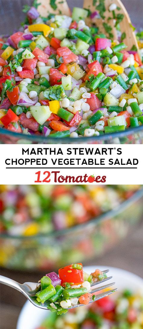 Martha Stewart’s Chopped Vegetable Salad | 12 Tomatoes Rice Wine Vinegar Dressing, Chopped Vegetable Salad, Cold Sides, Minnesota Garden, Christmas Vegetables, Lighter Recipes, Eating Green, Tomatoes Recipes, Colorful Veggies