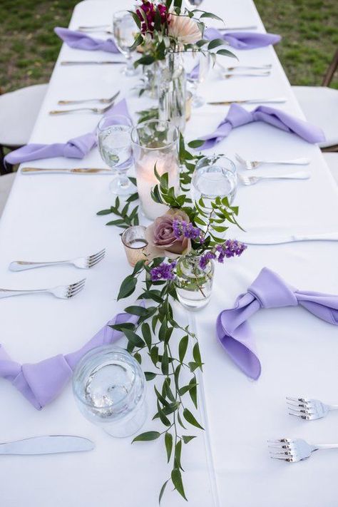 Wedding Table Decorations Lilac, Lavender And White Table Setting, Light Purple Table Setting, Fresh Lavender Centerpieces, Light Purple Centerpiece Wedding, Green And Purple Wedding Table Decor, Simple Purple Table Decorations, Centerpieces With Lavender Flowers, Purple And Greenery Wedding Centerpieces