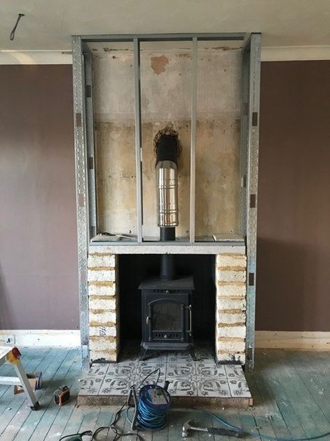 We bought a 1920s house that sadly was devoid of many of the original features it would have had. We have been on a mission ever since to return some of those features back to the house.No longer having chimney breasts or chimneys, a log burner was the easiest way for us. However, we wanted a traditional looking fireplace. We decided to create a fake chimney breast to create the look. We had to ensure we met all fire regulations so we took advice to ensure we were doing everything safe… Wood Burning Stove No Chimney, Log Burner No Chimney, Fireplace No Chimney Breast, Living Room To Sunroom Transition, Log Burner No Chimney Breast, Log Burner Living Room No Fireplace, Fake Chimney Breast, Fake Chimney Living Rooms, Log Burner Fireplace Ideas