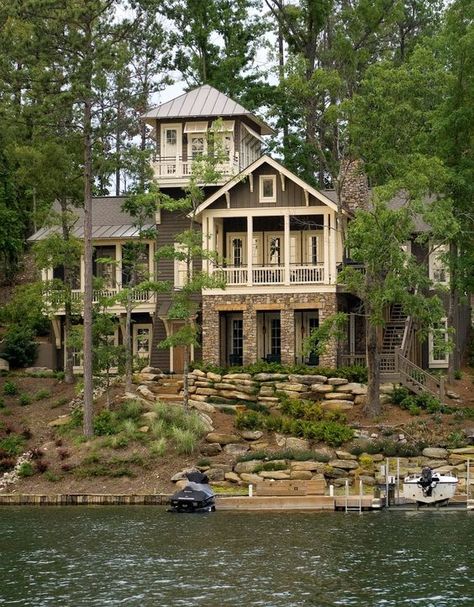 Lake Martin Alabama Houses, North Carolina Lake House, Water Front Homes, Lake Front Homes, Lake House Exterior, Watercolor Rosemary, Waterfront Design, Waterfront House, Luxury Cottages