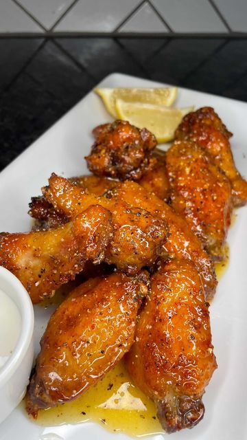 Chef Kilo P. on Instagram: "Honey Lemon Pepper Wings 🍯🍋 • Wing Wednesday, you know how sticky it gets 😉 • Tip: - coat wings with 1.5 tbsps of baking powder to get them crispy in the air fryer. - air fry on 380 for 12 Mins on each side • Sauce: 4 - 4.5 tbsps Butter 1/3 cup Honey 1/2 tsp Garlic paste 1 tbsp Lemon pepper Wings: - 6-8 wing dings - lemon pepper - garlic powder - onion powder - black pepper - smoked paprika - seasoning salt - chicken seasoning - 1.5 tbsps baking powder" Honey Lemon Pepper Wings, Wing Dings, Wing Wednesday, Lemon Pepper Wings, Tandoori Masala, Seasoning Salt, Soul Food Dinner, Food Babe, Food Therapy