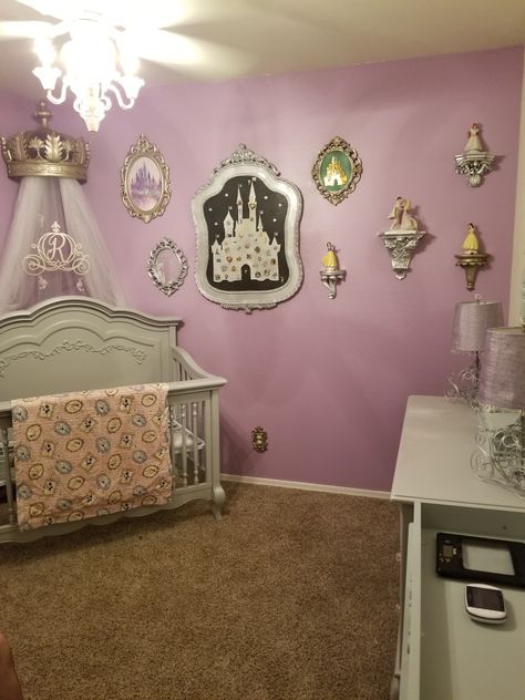 Fit for a princess,  so many pieces incorporated in this nursery from our daughters wedding. So much meaning and love in this room. Princess Mobile Nursery, Disney Castle Nursery Theme, Disney Princess Nursery Baby Girl, Princess Theme Nursery Ideas, Pink Disney Nursery, Disney Princess Room Decor Ideas, Baby Girl Princess Nursery, Disney Princess Baby Room, 90s Nursery Theme