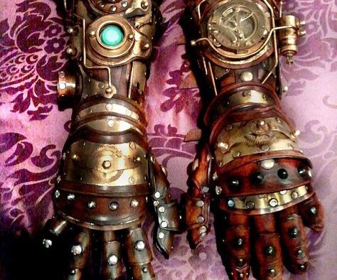 Upgrade those pathetic noodles you call arms with the steampunk robot arm gauntlets. These intricately detailed gloves features a combination of leather, brass, rivets, and buckles to achieve an extraordinarily realistic look. Steam Punk Diy, Steampunk Kunst, Steampunk Gloves, Steampunk Mode, Steampunk Outfits, Moda Steampunk, Kule Ting, Steampunk Robot, العصور الوسطى