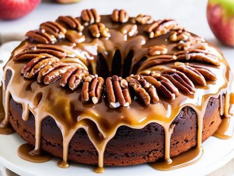 Exquisite Apple Pecan Cake with Decadent Caramel Glaze Apple Pecan Cake With Caramel Glaze, Apple Bunt Cake, Apple Pecan Cake, Orange Loaf Cake, Tube Pan, Apple Bundt Cake, Icing Recipes, Glaze For Cake, Easy No Bake Cheesecake