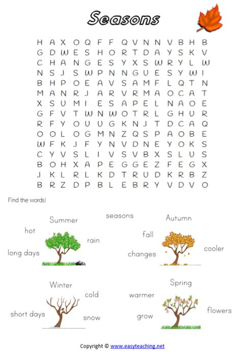 Complete the word search and learn all about the four seaons! Seasons Worksheets, English Listening, Reading Comprehension Kindergarten, Vocabulary English, Seasons Months, Spring Words, Time Worksheets, English Activities, Learn English Vocabulary