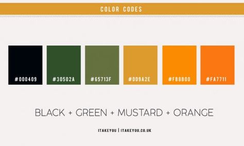 Black Green Orange and Mustard Yellow Color Scheme – Color Palette #33 1 - I Take You | Wedding Readings | Wedding Ideas | Wedding Dresses | Wedding Theme Black White Green Orange Color Scheme, Green Yellow Black White Color Palette, Mustard Color Scheme, Nyc Room, Orange Color Code, Yellow Color Scheme, Brand Colour Schemes, Green Branding, Orange Color Schemes