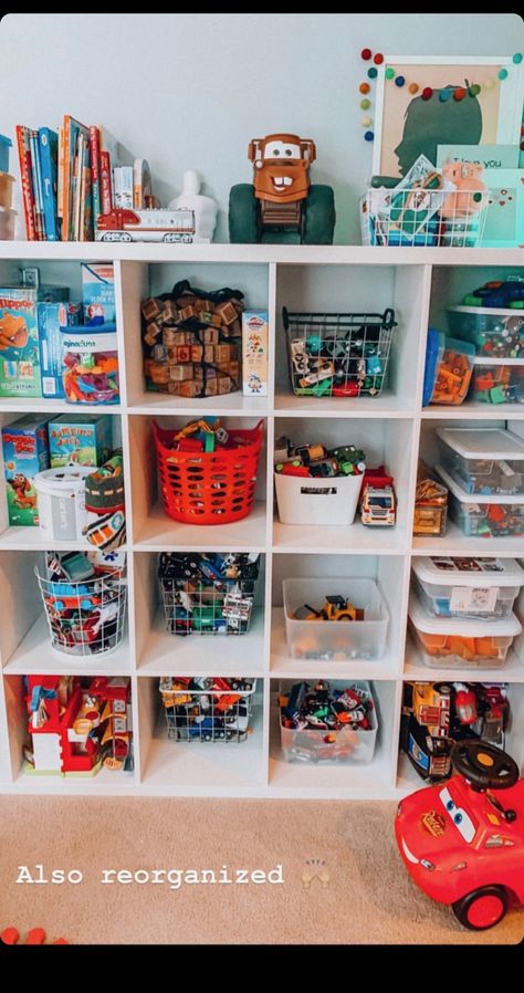 Boy Toy Organization, Ikea Kids Playroom, Kids Tv Room, Toddler Closet Organization, Organized Playroom, Kids Craft Storage, Boy Room Themes, Toddler Closet, Toy Room Organization