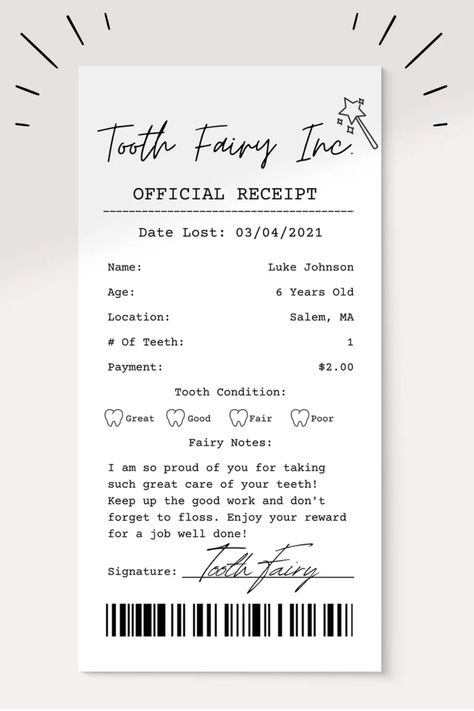 This editable Tooth Fairy Receipt template is the perfect way to make your child's experience magical. Presented in a stylish and creative layout with customizable font styles, you can easily personalize this tooth fairy letter to make each one special for your child. Make the experience special and unforgettable with our easy-to-use template - just add your child's name, details of rewards, and customize the text. Tooth Fairy Receipt Free Printable, Tooth Receipt, Babysitter Notes, Boy Tooth Fairy, Parenting Printables, Tooth Fairy Receipt, Tooth Fairy Certificate, Kids Checklist, Tooth Fairy Letter