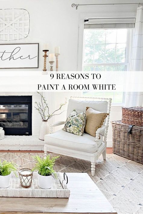 Painting a room white is like making it larger, lighter, brighter, and more beautiful. Here are 9 reasons glorious reasons to add white paint to your home decor! White Sitting Room, White Walls Living Room, Stone Gable, Family Room Paint, Painting A Room, Brighten Room, All White Room, Best White Paint, Timeless Interior