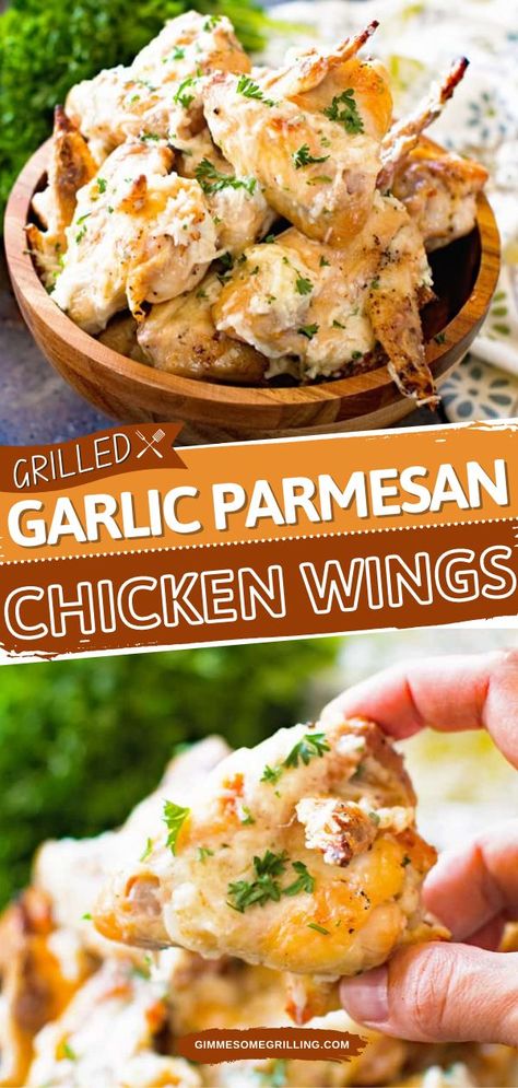 Grilled Garlic Parmesan Chicken Wings, football party food, game day, appetizer recipes Garlic Parmesan Wings Sauce, Wings Sauce Recipe, Garlic Parmesan Wings Recipe, Wings In Air Fryer, Parmesan Wings Recipe, Parmesan Wing Sauce, Wings Sauce, Garlic Wings, Grilled Garlic