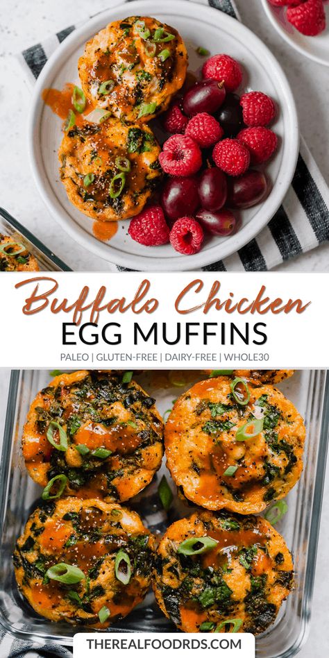 Buffalo Chicken Egg Muffins | paleo breakfast | gluten-free egg muffins | dairy-free breakfast recipe | whole30 breakfast | healthy breakfast | buffalo chicken recipe || The Real Food Dietitians #whole30 #glutenfreebreakfast Buffalo Chicken Dip Healthy, Buffalo Chicken Recipe, Healthy Buffalo Chicken Dip, Dip Healthy, Dairy Free Breakfast Recipes, Muffins Paleo, Whole30 Breakfast, Buffalo Chicken Recipes, Whole 30 Breakfast