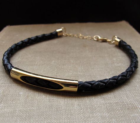 Mens Bracelet Leather Braided Bracelet for Men. by NadinGlassico Black Gold Bracelet, Personalized Gold Bracelet, Custom Cuff Bracelet, Mens Designer Jewelry, Mens Bracelet Black, Mens Cuff, Ladies Bracelet, Mens Gold Jewelry, Men's Bracelets