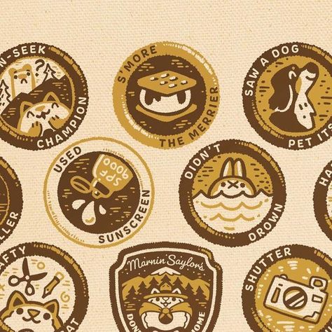 MarninSaylor’s Camp Donutwannagohome on Instagram: "Earn your merit badges with us at Camp Donutwannagohome this summer! This design will be available on a tote bag. 🛶🌲 Which of these have you completed so far in life (hopefully ‘didn’t drown’)?" Scout Badge Design, Summer Camp Badges, Summer Camp Tshirt Designs, Retro Summer Camp Aesthetic, Summer Camp Graphic Design, Camping Graphic Design, Camp Graphic Design, Camping Logo Design, Summer Camp Logo