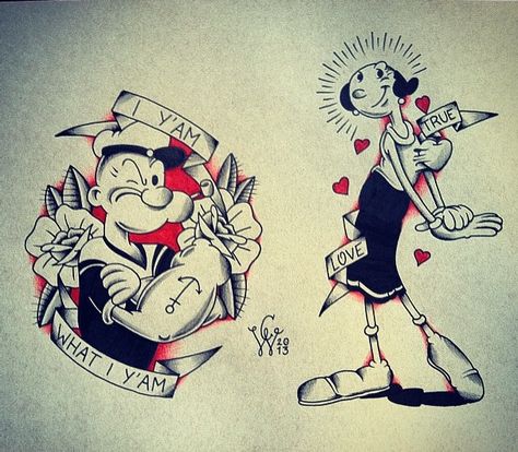 Love these drawings of Popeye and Olive Oyl!!! Would be fun tattoo! Popeye Tattoo, Cute Tattoo Ideas, Popeye Cartoon, Popeye And Olive, Sailor Jerry Tattoos, Cartoon Tattoo, Popeye The Sailor Man, Cute Tattoo, Olive Oyl