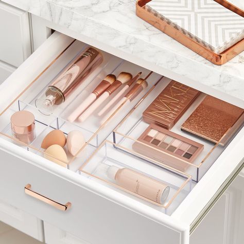 Plastic Cosmetic Drawer Organizer Tray in Clear/Rose Gold - 4" x 8" x 2" in Clear/Gold, Pack of 3, by mDesign Spa Organization, Tech Apartment, Cluttered Bathroom, Rangement Makeup, Bathroom Vanity Drawers, Plastic Drawer Organizer, Drawer Organization, Makeup Drawer Organization, Bathroom Drawers