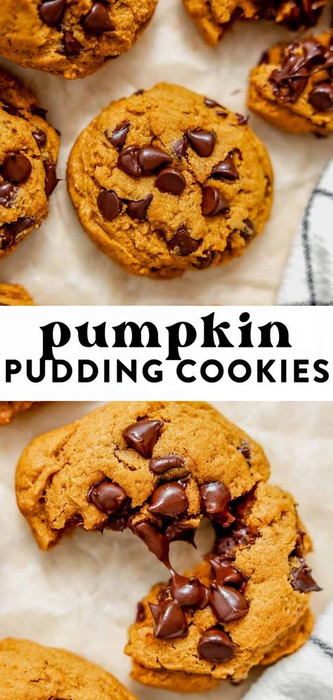 Pumpkin Pudding Cookies, Pumpkin Spice Pudding, Chocolate Chip Pudding, Chocolate Chip Pudding Cookies, Pumpkin Cookie Recipe, Pumpkin Pudding, Pumpkin Cookie, Pudding Cookies, Pumpkin Chocolate Chip