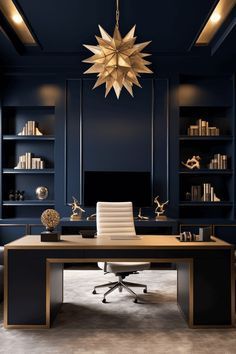 Home Office Navy Walls, Blue Wall Office Ideas, Dark Blue Office Walls, Navy Office Ideas, Dark Blue Study, Office Blue Walls, Office Back Wall Design, Navy Blue Office Ideas, Blue And Gold Office