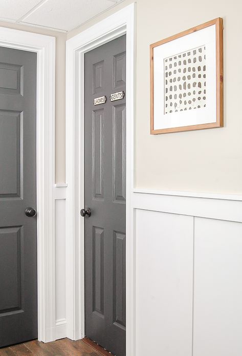 One Room Challenge Reveal: Gray and White Vintage Modern Bathroom Paint Bathroom Door Ideas, Modern Bathroom Door, Grey Bedrooms, Hallway Doors, Vintage Modern Bathroom, Paint Doors, Gray Doors, Grey Farmhouse, Paint Door