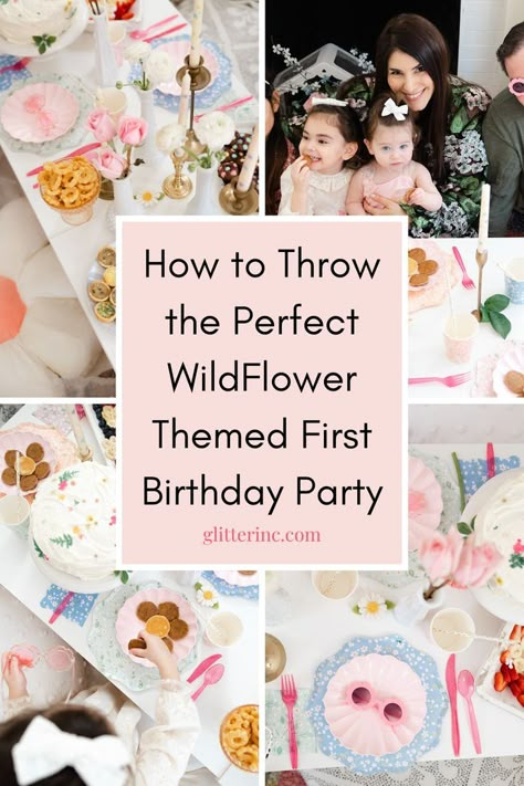 Celebrate her first birthday with a wildflower theme party! Explore stunning decoration ideas and a beautiful wildflower birthday cake. This first birthday party is perfect for a flower themed party, complete with spring-inspired food and more. Wildflowers Birthday Theme, Food At First Birthday Party, Garden Theme First Birthday Party, One Year Old Flower Party, Floral Theme Birthday Party Outdoor, Wildflower First Birthday Girl Decor, Wildflower Bday Party, Wildflower 3rd Birthday Party, Two Wildflower Birthday Party Girl