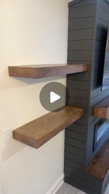 AV Wood Designs on Instagram: "Custom floating shelves install …….  • • • #floatingshelves #floating  #homedecor #home #livingroom #shelves #woodwork #woodworking #finewoodworking #wood #mantel #fireplacedecor #fireplace #electricfireplace #shiplap  #bench #wood #featurewall #handmade" Diy Floating Shelves By Fireplace, Floating Shelf Beside Fireplace, Shelf Fireplace Ideas, Shiplap Fireplace Floating Shelves, Floating Shelves On Fireplace Wall, Floating Shelves With Fireplace, Modern Fireplace With Floating Shelves, Living Room With Shiplap Fireplace, Modern Fireplace Floating Shelves