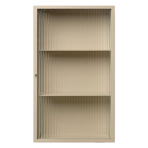 Ferm Living’s Haze collection features simple lines and raw, industrial materials: the sheets of  reeded glass are framed by powder-coated metal in a soft cashmere hue. The compact Haze wall cabinet has two metal shelves which are perfect for storing bathroom essentials or mugs and jars in the kitchen. Wall Cupboard, Wired Glass, Reeded Glass, Coffee Nook, Danish Furniture Design, Wall Mounted Cabinet, Metal Shelves, Ferm Living, House Doctor