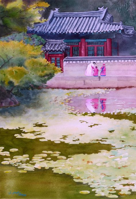 Korea Watercolor Painting, Seoul Watercolor, Korean Landscape Painting, Seoul Painting, Korea Watercolor, Korean Festival, Mother And Children, Korean Painting, Painting Stuff