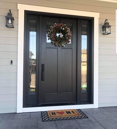 Black Front Door One Sidelight, Black Entry Doors With Sidelights, Black Front Door Sidelights, Wide Black Front Door, Farmhouse With Black Door, Solid Black Front Door With Sidelights, Black Exterior Doors Front Entry Modern, Black Entry Door With Sidelights, Black Matte Front Door