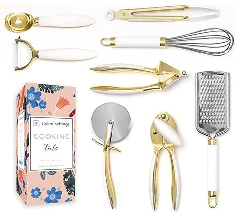 Amazon.com: White & Gold Kitchen Tools and Gadgets - Luxe 8PC Cooking Tools and Gadgets with Anti-Slip Handles, Gold Utensils Set, Gold Kitchen Accessories and White Kitchen Utensil Set,Premium Kitchen Gadget Set : Everything Else Bougie Kitchen, Gold And White Kitchen, Pink Kitchen Utensils, White Gold Kitchen, Elevated Kitchen, Gold Kitchen Utensils, Gold Ice Cream, White Kitchen Utensils, Wooden Cooking Utensils Set