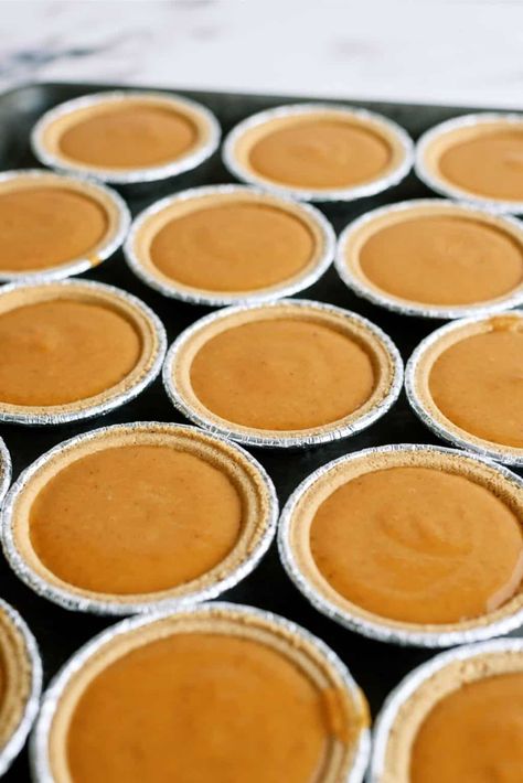 Mini Pumpkin Pies Recipe - Six Sisters' Stuff How To Make Mini Pumpkin Pies, Pumpkin Pie Recipe Mini, Pumpkin Pie Mini Pies, Mini Pumpkin Pies In A Muffin Tin, Turtle Meat Recipe, Mini Sweet Potato Pie, Grahm Cracker Crust, Mini Pumpkin Pies Recipe, Mini Pumpkin Pie