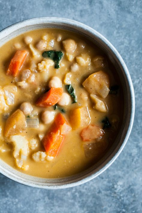 Creamy Chickpea Miso Vegetable Stew - olive oil, white/yellow onion, celery stalks, garlic cloves, chickpeas, vegetable broth, sweet paprika, white/red/brown miso, carrots, cauliflower, rutabaga/turnip/potato/parsnips, kale, salt & pepper Miso Carrots, Zucchini And Peppers, Rutabaga Recipes, Creamy Chickpea, Salmon Skewers, Miso Recipe, Calories In Vegetables, Sweet Paprika, Recipes Soup