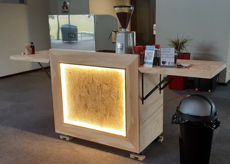 Portable espresso cart with fold down side tables, built in electric plugs, plumbing, LED lights and bar fridge Coffee Bar Portable, Portable Coffee Bar Ideas, Portable Coffee Shop, Portable Food Cart, Portable Coffee Bar, Mobile Coffee Bar, Espresso Cart, Coffee Bar In Kitchen, Coffee Booth