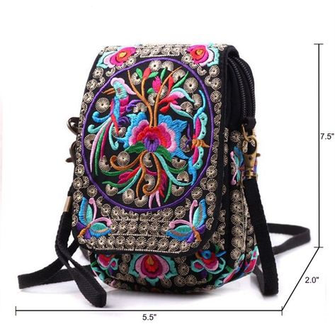 Embroidery Flowers Canvas Crossbody Bag with Cellphone Pouch Purse #Goodhan Female Embroidery, Mexican Purse, Embroidered Purse, Embroidered Backpack, Retro Bags, Cell Phone Bag, Embroidery Bags, Travel Handbags, Womens Handbags