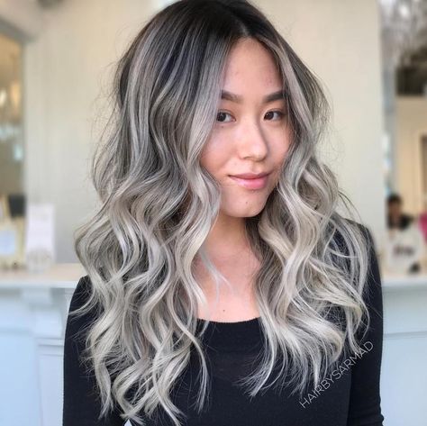 Silverish Blonde Hair, Asian Bayalage Hair Ash Blonde, Ash Grey Balayage Asian, Blonde On Asian, Blonde On Asian Hair, Asian Hair Balayage Ash, Blonde Asian Hair, Greyhounds Funny, Pelo Color Vino