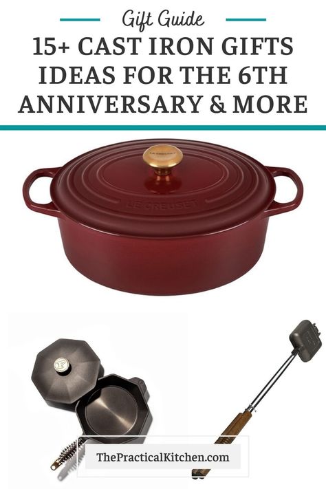 Whether you're celebrating a sixth anniversary (iron) or just want to show your favorite cook or baker how much you care about them, these cast iron gifts for the kitchen are perfect for food lovers! When it comes to cast iron gifts, there is so much more out there than just Dutch ovens! I've got a ton of unique cast iron cookware suggestions on this list — you're sure to find the perfect gift here. Cast Iron Gifts, Iron Gifts For Him Anniversaries, Iron Wedding Anniversary Gift For Him, Dutch Oven Gift Basket Ideas, Iron Anniversary Gifts For Him, Iron Gifts For Him, Lodge Cast Iron Skillet, Spice Grinders, Iron Anniversary Gifts