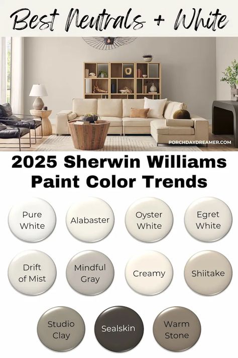 2025 Paint Color Trends You'll Love (plus ones you won't) Willow Springs Paint Color, Best Paint For Living Room Walls, What Color Should I Paint My Kitchen, Best Neutral Exterior House Paint Colors, Great Room Paint Color Ideas, Home Paint Pallet Color Palettes, Popular Tan Paint Colors, Paint Color Schemes For Bathroom, Living Room Farmhouse Paint Colors