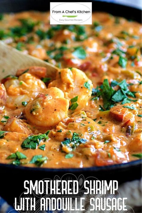 Shrimp And Grits Sausage, Shrimp And Sausage Stew, Shrimp And Andouille Sausage Gumbo, Cajun Winter Recipes, Smothered Catfish New Orleans, Roux For Shrimp And Grits, Simple Good Food Recipes, Shrimp And Andouille Sausage Pasta, Shrimp Andouille Sausage Recipes