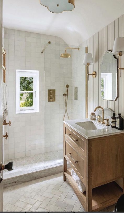 No Demo Reno Bedroom Office, Bathroom Tile Cottage, Small Bathroom Ideas Stand Up, Studio Mcgee Small Bathroom, Shiplap Bathroom Paint Colors, Tan Wall Bathroom, Gwyneth Paltrow Bathroom, Natural Guest Bathroom, Bathroom No Storage Ideas