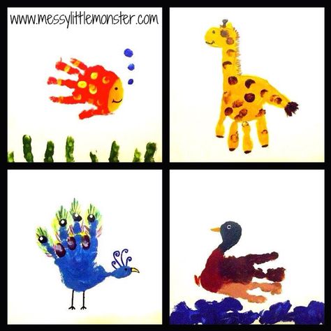 Cute Hand Print Animals, Decoration Creche, Toddler Painting, Fingerprint Art, Kids Canvas, Footprint Art, Handprint Crafts, Seni Origami, Handprint Art