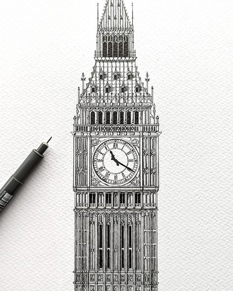 My drawing of Big Ben, London. London Clock Tower Sketch, Pencil Art Building Drawings, Drawn Houses Illustrations, Drawing Old Buildings, London Buildings Drawings, Building Drawings Architecture, Drawing On Big Paper, Building Pen Drawing, Art Buildings Drawings