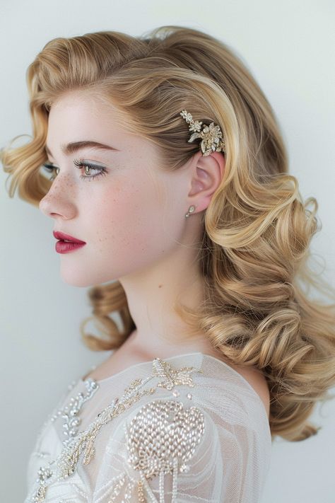 40s Wedding Hairstyles, Soft Curls Pinned To The Side, Engagement Updo Hairstyles, Pincurl Wedding Hair, Vintage Wedding Hairstyles Updo, Vintage Half Up Half Down Hair Wedding, Vintage Inspired Updo, Elegant Hairstyles For Women, 70s Bride Hair