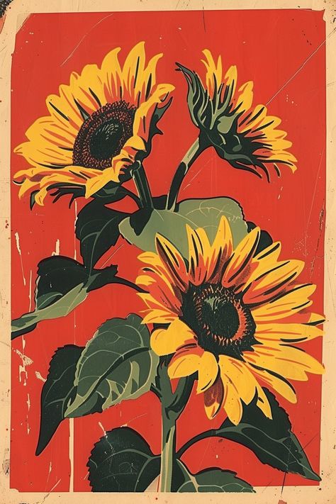 Vintage Matchbox Label with Sunflowers on Red Background