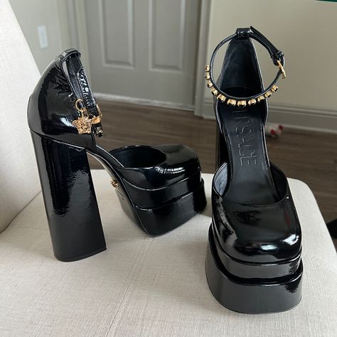 Reposhing This Item I Purchased From @Skinnytwinvale. Never Worn A Little Big On Me No Box Included Gorgeous Pair Of Shoes Great Condition Questions? Leave A Comment Below! Chunky Black Platform Heels, Black Versace Heels, Versace Products, Black Platform Heel Boots, Black Wedding Heels, Platform Heels Aesthetic, Versace Platform Heels, Vivienne Westwood Heels, Big Heels