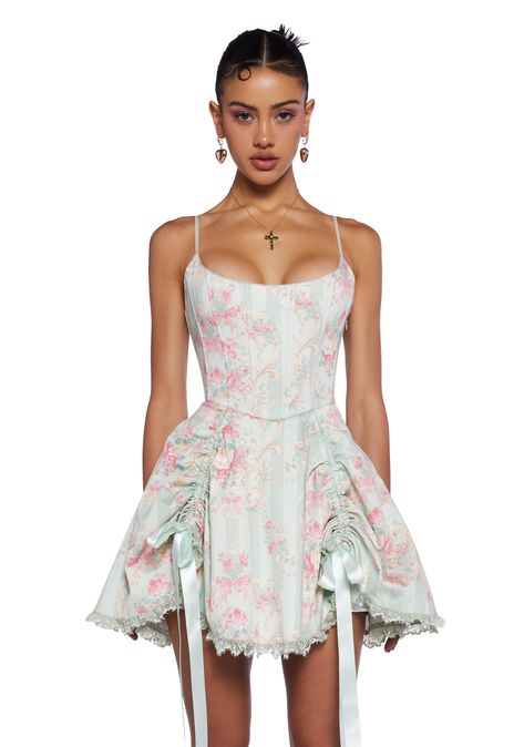 Sugar Thrillz Regency Twill Striped Bow Floral Ruched Lace Corset Mini Dress - Green Lace Corset Mini Dress, Sugar Thrillz, Corset Mini Dress, Pride Outfit, Lace Corset, Glam Dresses, Pink Mini Dresses, Corset Dress, Birthday Dresses