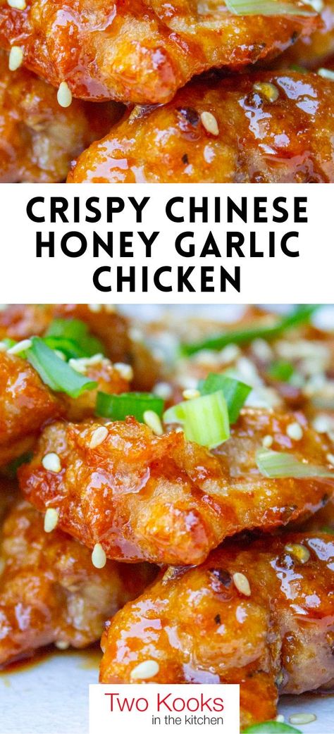 If you’re looking to satisfy a craving for crispy, fried and sweet, this Chinese honey garlic chicken recipe will do the trick. It makes a delicious appetizer or main dish and is surprisingly easier than you think. The honey garlic chicken tastes just like take-out, fresh off the stove. Sweet, sticky, crispy and delish! Garlic Chicken Recipe, Homemade Chinese Food, Chinese Cooking Recipes, Easy Chinese Recipes, Honey Garlic Chicken, Chinese Cooking, Food Recepie, Chicken Dishes Recipes, Honey Garlic