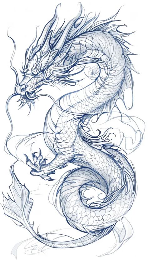 Dragon Drawing Sketches Tattoo Ideas, Dragon Wrapped Around, Men Dragon Tattoo Back, Simple Chinese Dragon Tattoo Outline, Dragon Drawing Chinese, Dragon Comic Art, Chinese Dragon Line Art, Dragon Stencil Tattoo, Sketches Of Dragons