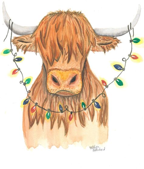 Moo-ey Christmas with this Highlander Cow watercolor.  this is a digital download Christmas Cow Watercolor, Cow Christmas Pictures, Christmas Highland Cow Painting, Simple Highland Cow Drawing, Draw Highland Cow, Christmas Cow Drawing, Christmas Cow Painting, Christmas Animals Drawing, Highland Cow Cartoon