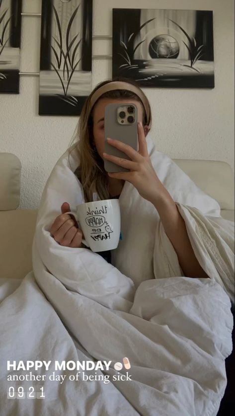 Girl taking selfie with iPhone infront of her face while being covered with a blanket and holding a cup of tea Sick In Bed Instagram Stories, Sick Ig Story, Sick Captions For Snapchat, Feeling Sick Instagram Story, Sick Captions For Instagram, I'm Sick Instagram Story, Tea Ig Story, Sick Instagram Story, Sick Snapchat Stories